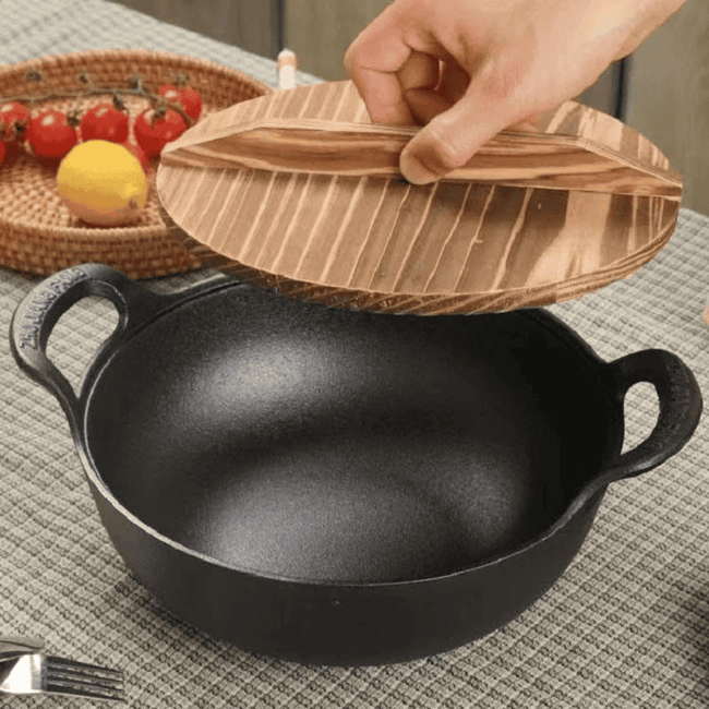 Pre-seasoned Cast Iron Flat Bottom Wok with Wooden Lid