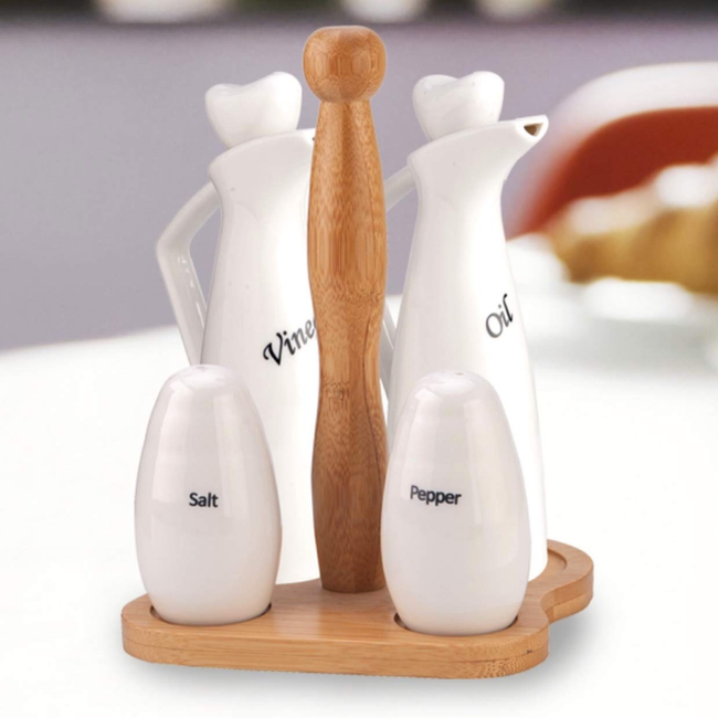 Porcelain Oil Vinegar Salt and Pepper Set with Bamboo Base