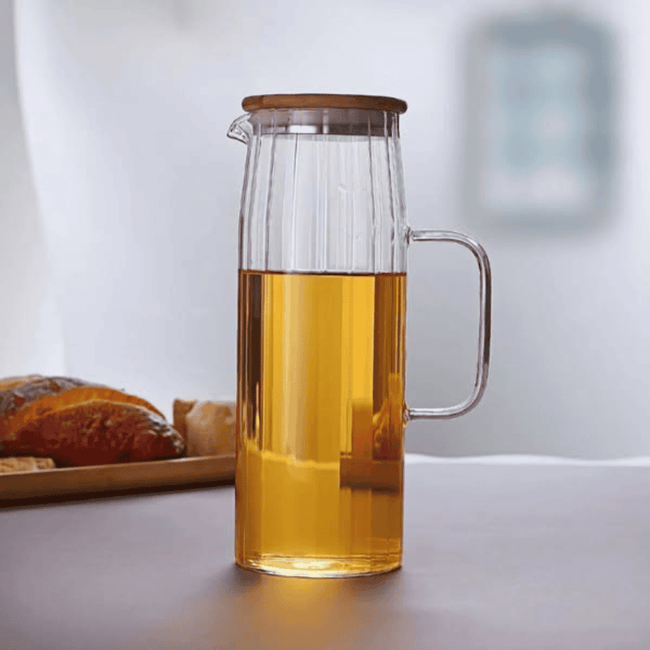 Ribbed High Borosilicate Glass Jug with Bamboo Lid