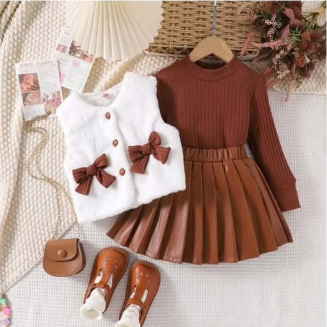 3pc quality girls pleated leather skirt set