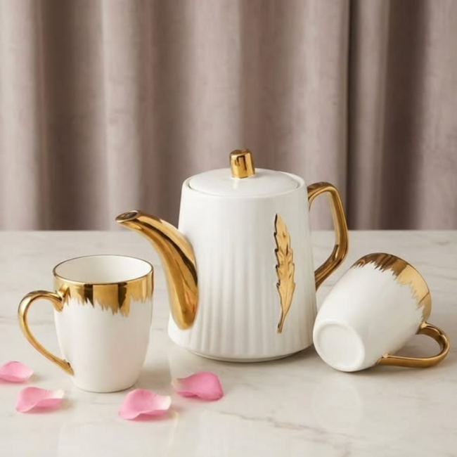 Gold Detail Kettle + 4pc Cups