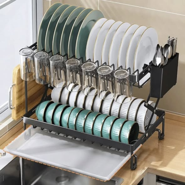 2 Tier Dish Rack With Cutlery Holder / Chop Board Holder