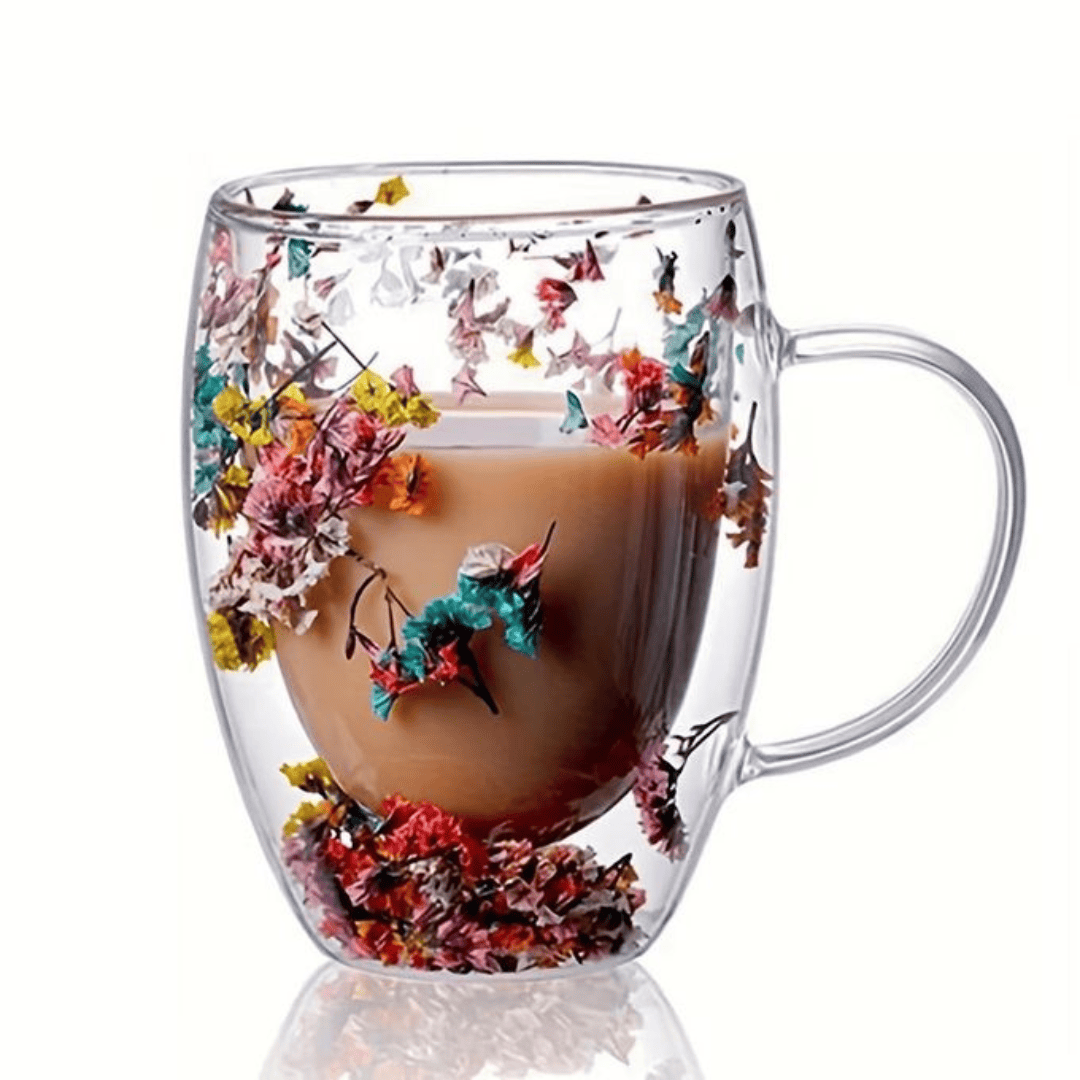 Insulated Double Wall Glass Cup with Dried Flower Design
