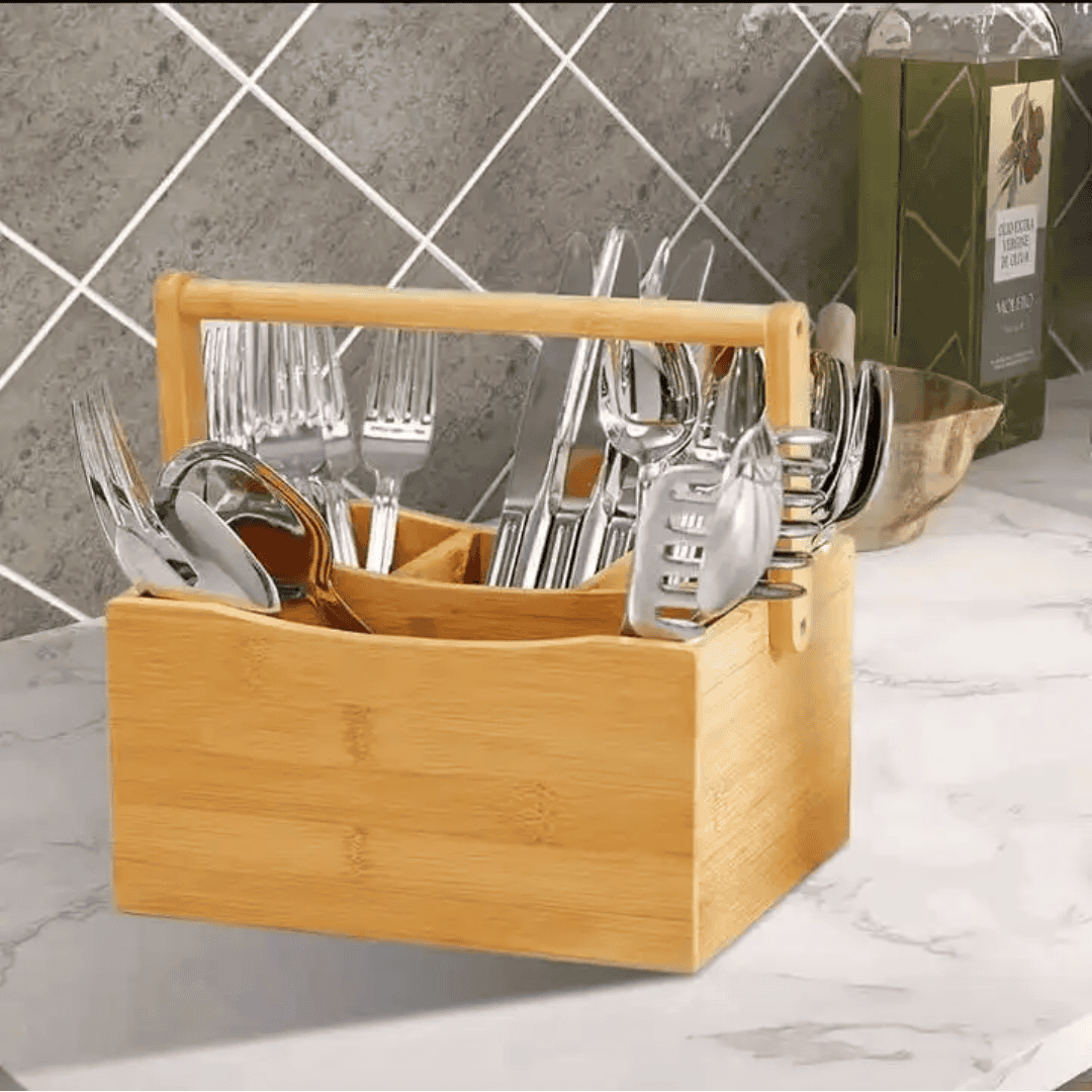 Portable Countertop Bamboo Cutlery Organizer with Handle
