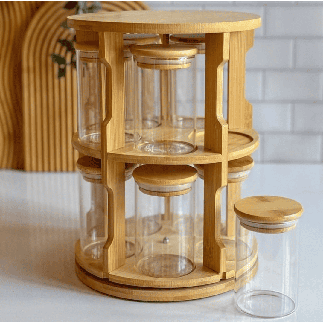 Rotating Bamboo Spice Rack with 10 Jars