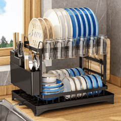 2-Tier Carbon Steel Dish Rack with Chopping Board and Spoon Holder