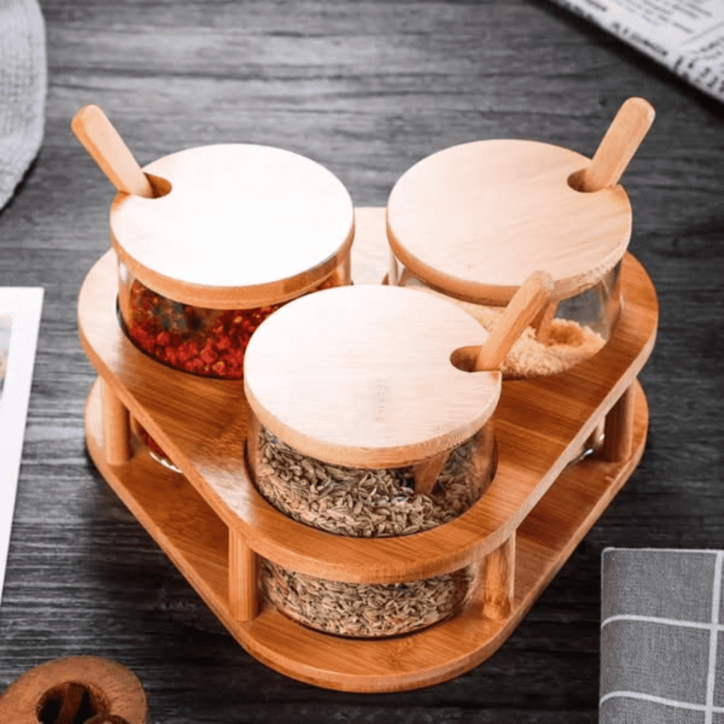3 Pcs Glass Spice Containers with Bamboo Holder