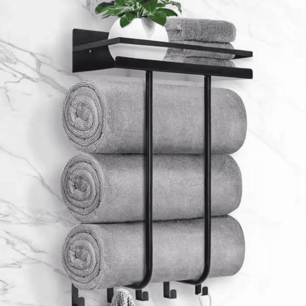 Bathroom Towel Holder with Metal Shelf and 5 Hooks