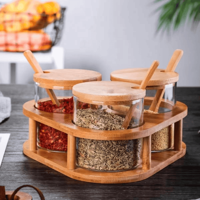 3 Pcs Glass Spice Containers with Bamboo Holder