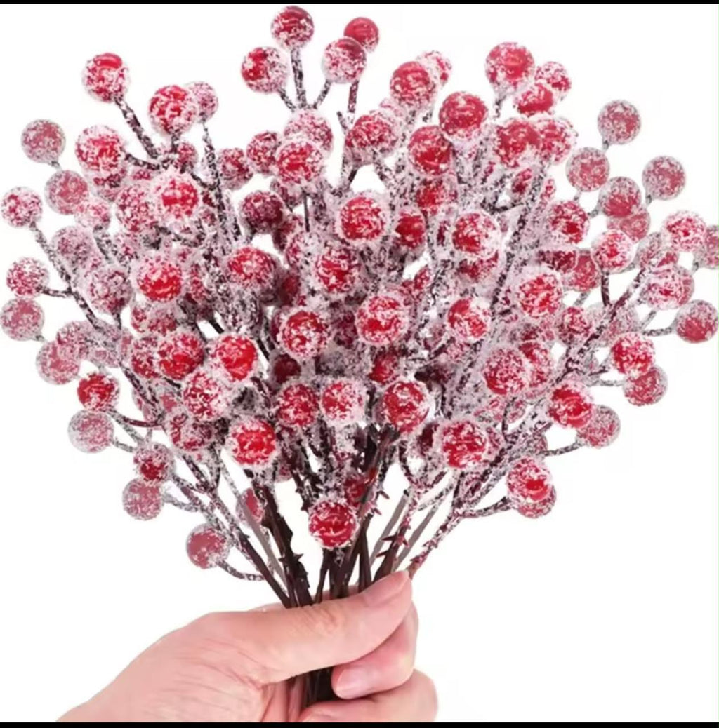 10Pcs Christmas Snow Frosted Red Berry Stems