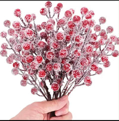 10Pcs Christmas Snow Frosted Red Berry Stems