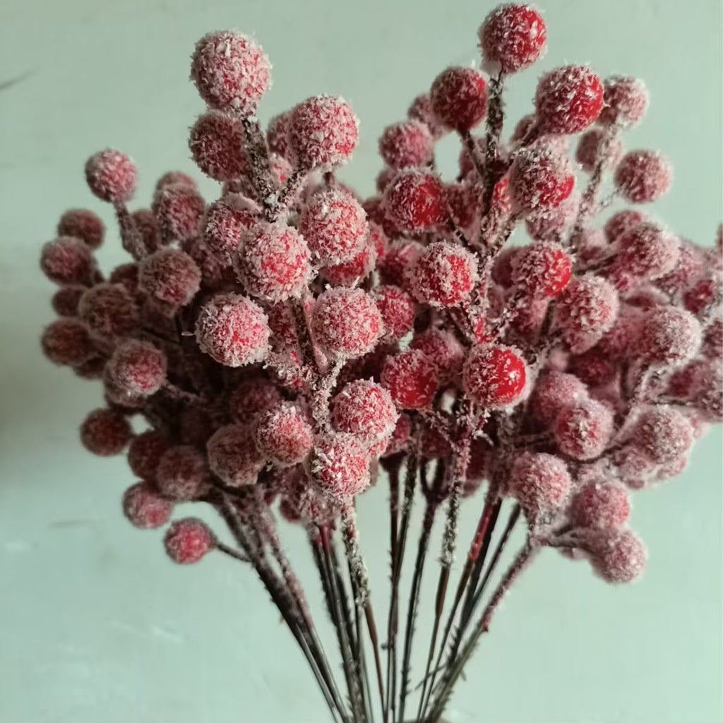 10Pcs Christmas Snow Frosted Red Berry Stems