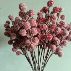 10Pcs Christmas Snow Frosted Red Berry Stems