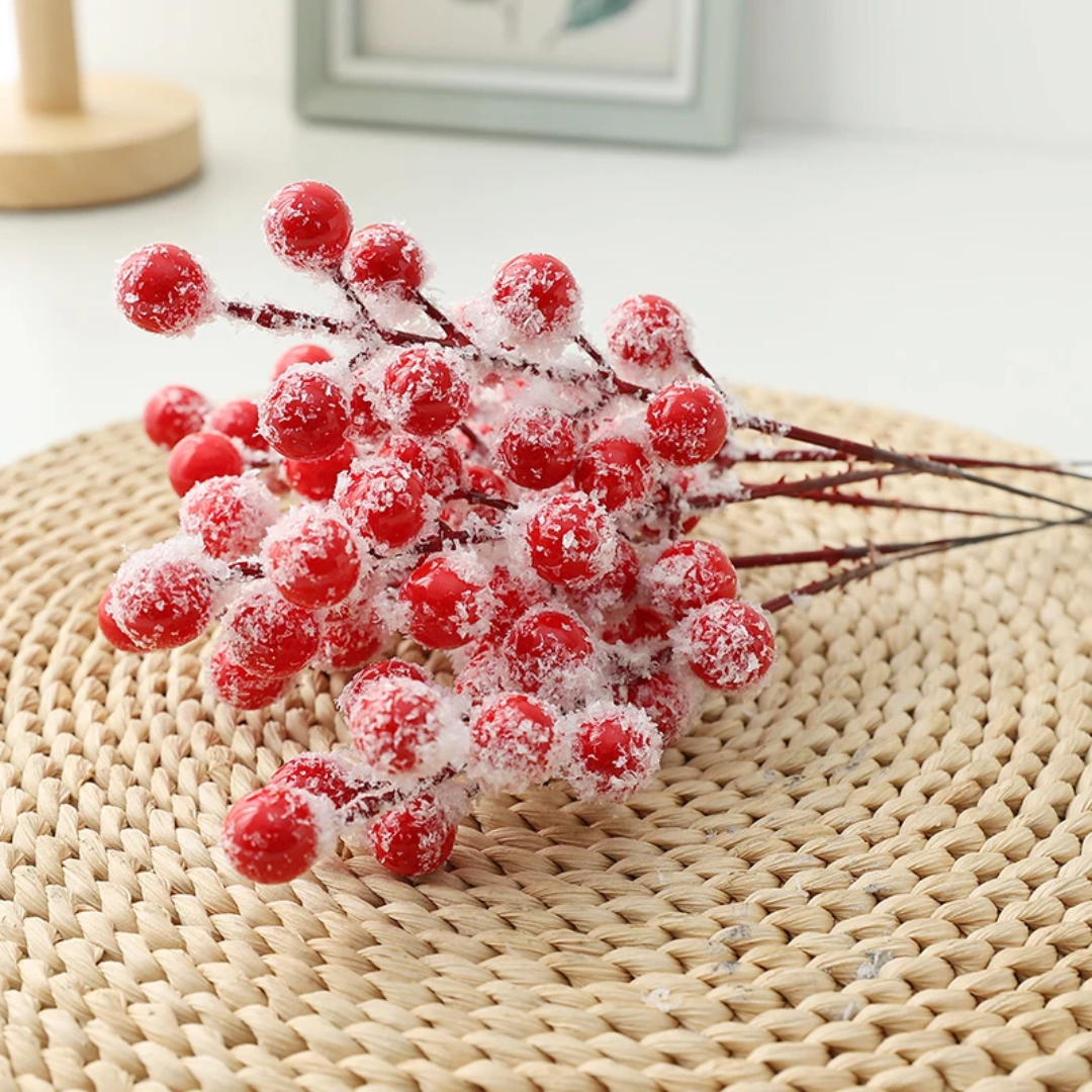 10Pcs Christmas Snow Frosted Red Berry Stems