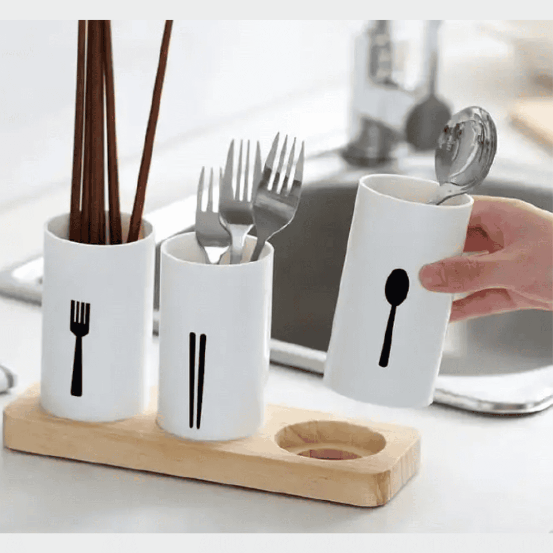 3pc Cutlery Organizer with Oak Base