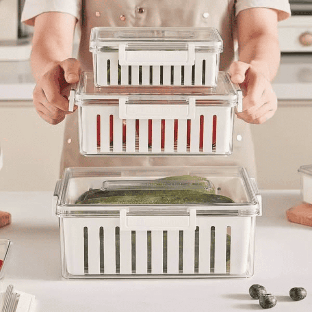 3pcs Stackable Food Storage Containers with Drainer Basket