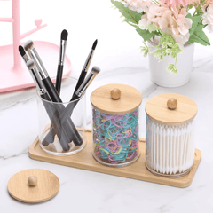 3pcs Acrylic Swab Storage Organizer with Bamboo Holder