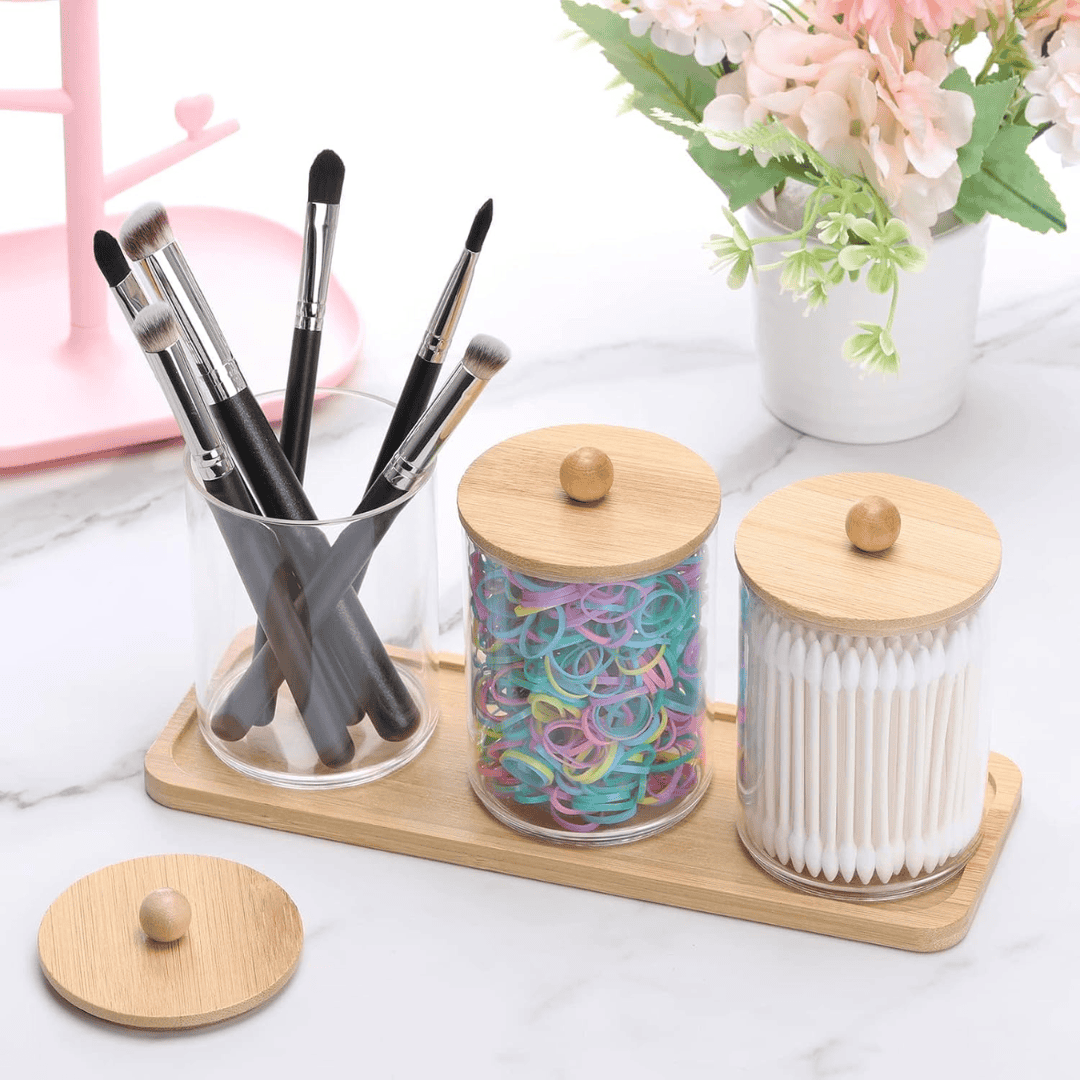 3pcs Acrylic Swab Storage Organizer with Bamboo Holder