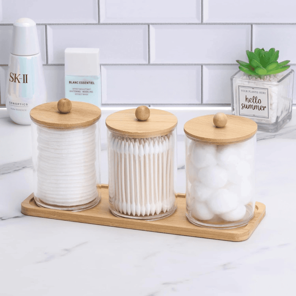 3pcs Acrylic Swab Storage Organizer with Bamboo Holder
