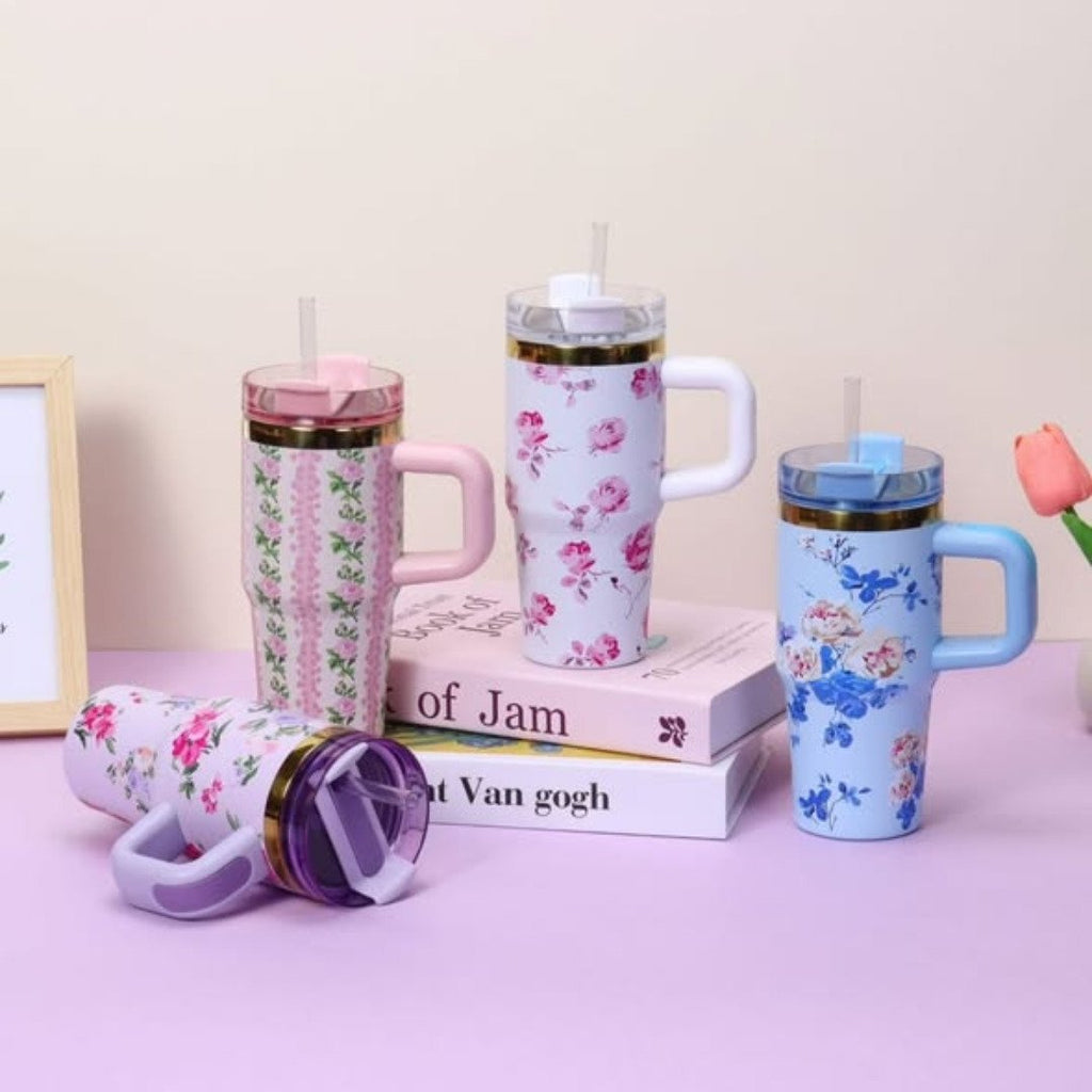 Mini Floral Vacuum flask with straw