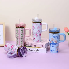 Mini Floral Vacuum flask with straw