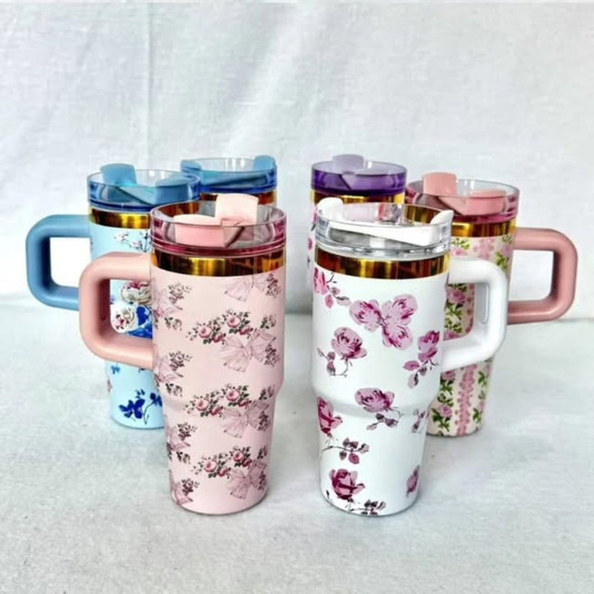 Mini Floral Vacuum flask with straw