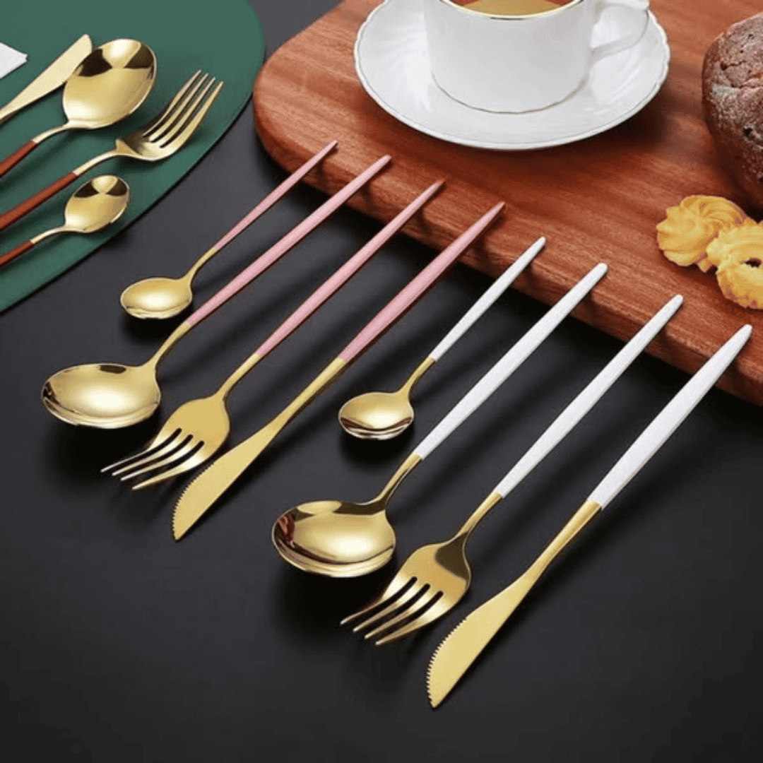 24Pcs Stainless Steel Golden Cutlery Set