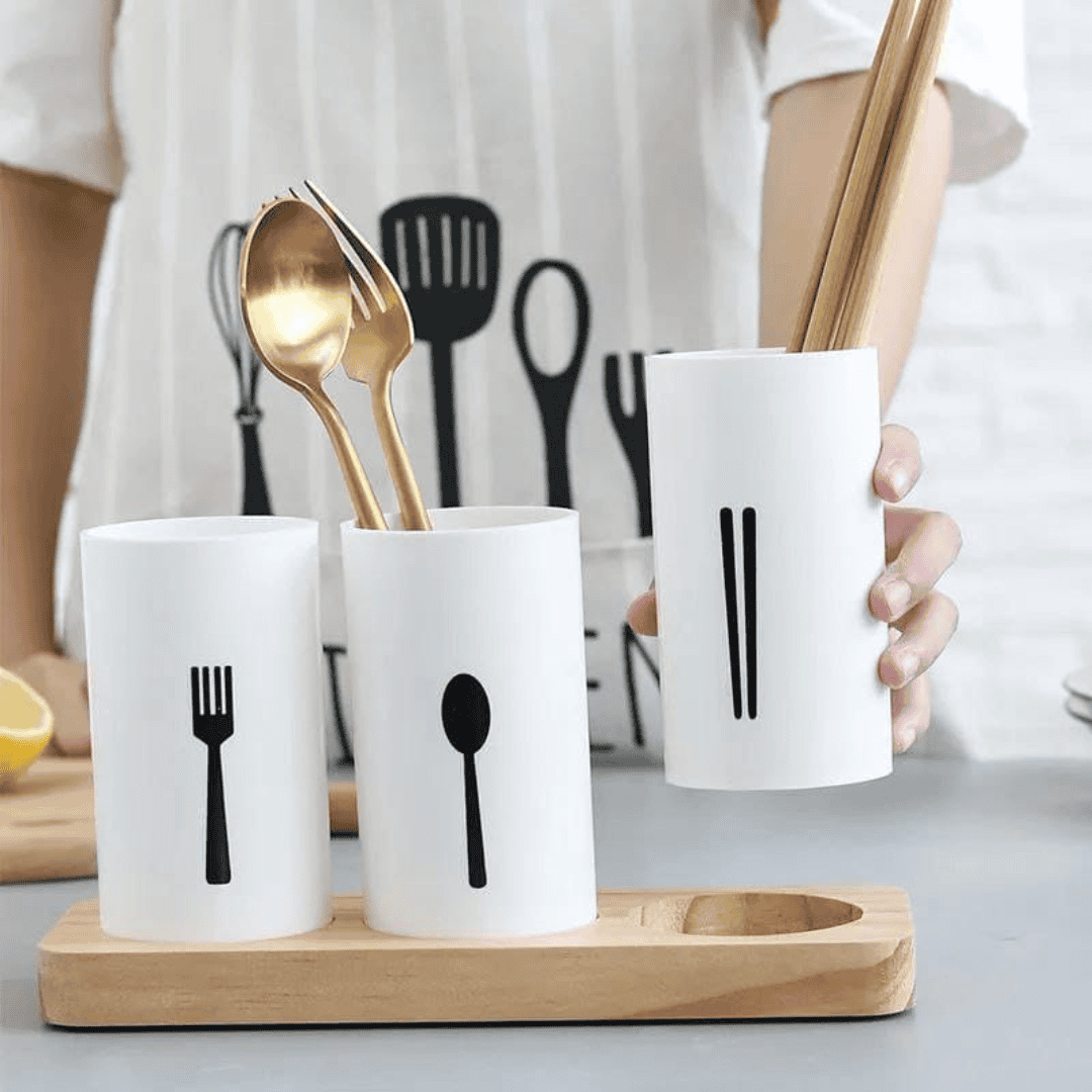3pc Cutlery Organizer with Oak Base