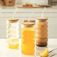 Borosilicate Ripple Wave Glass Cup with Bamboo Lid