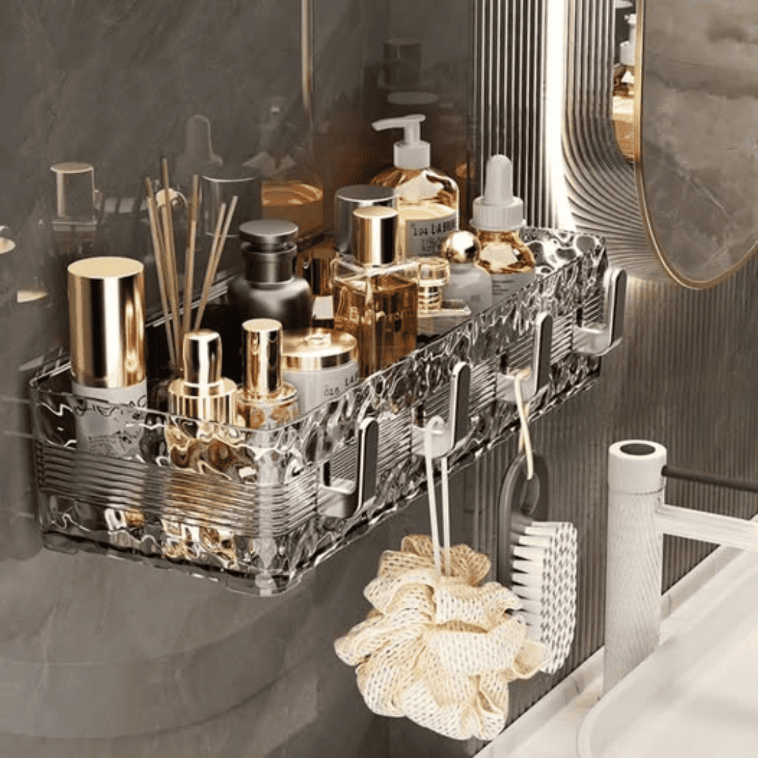 Acrylic Wave Patterned Storage Shelf with Gold Colored Hooks