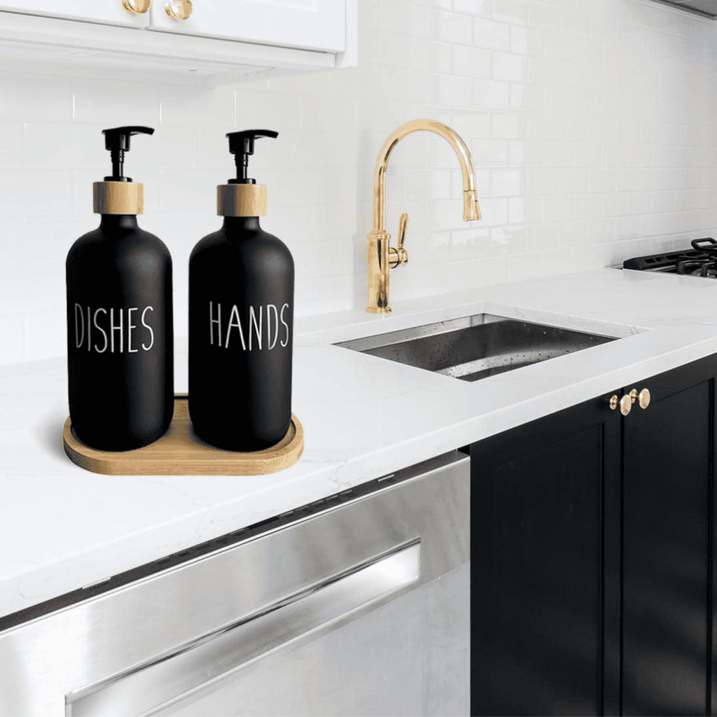 Dual Hand Wash Soap Dispenser with Bamboo Holder
