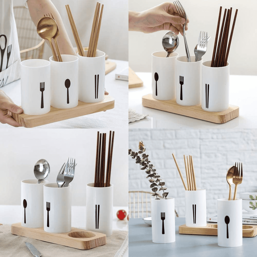 3pc Cutlery Organizer with Oak Base