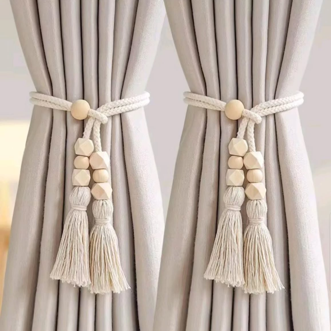 2pcs Nordic Curtain Straps with Wooden Beads and Tassels