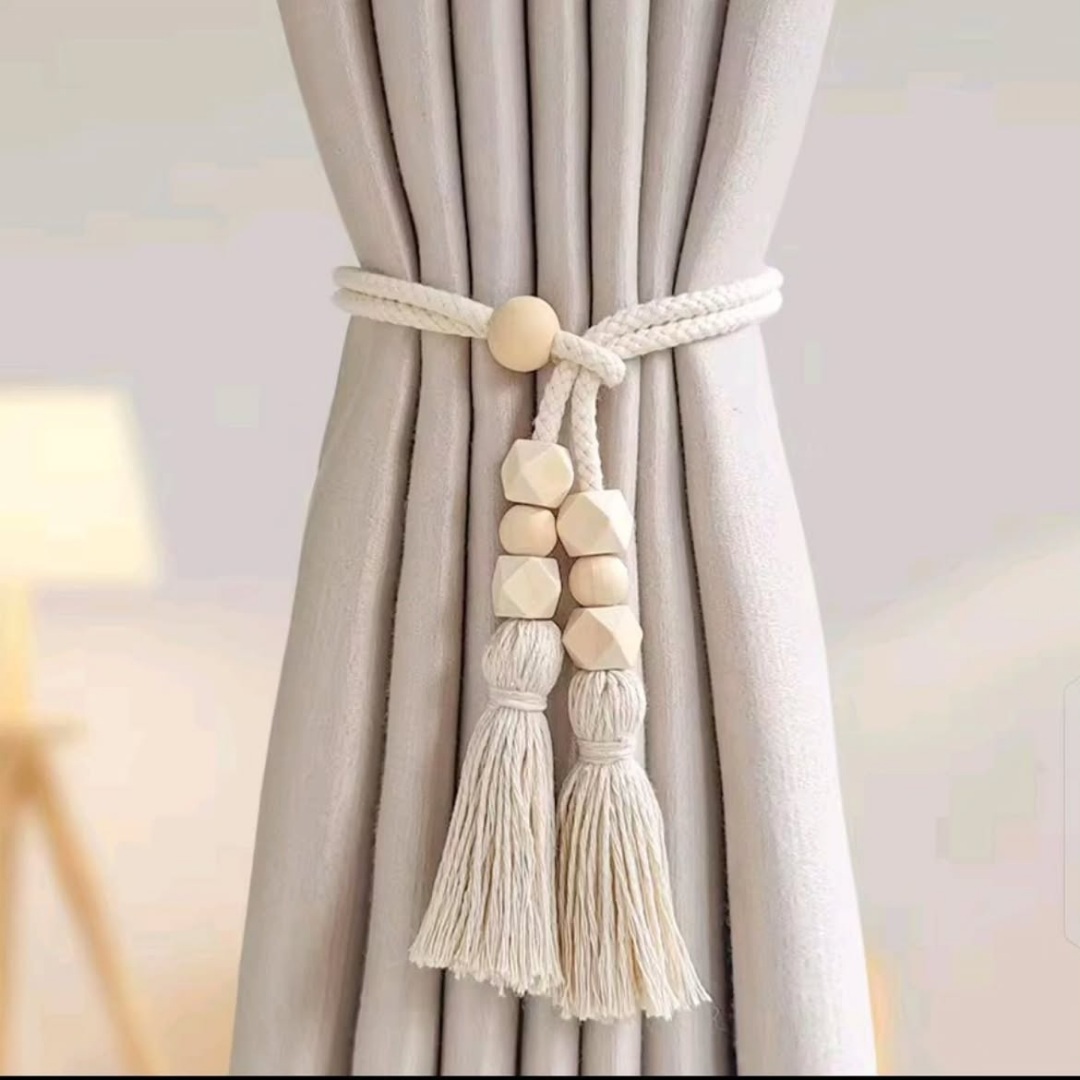 2pcs Nordic Curtain Straps with Wooden Beads and Tassels
