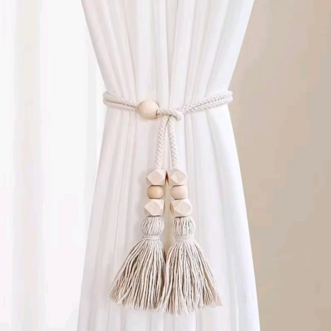 2pcs Nordic Curtain Straps with Wooden Beads and Tassels