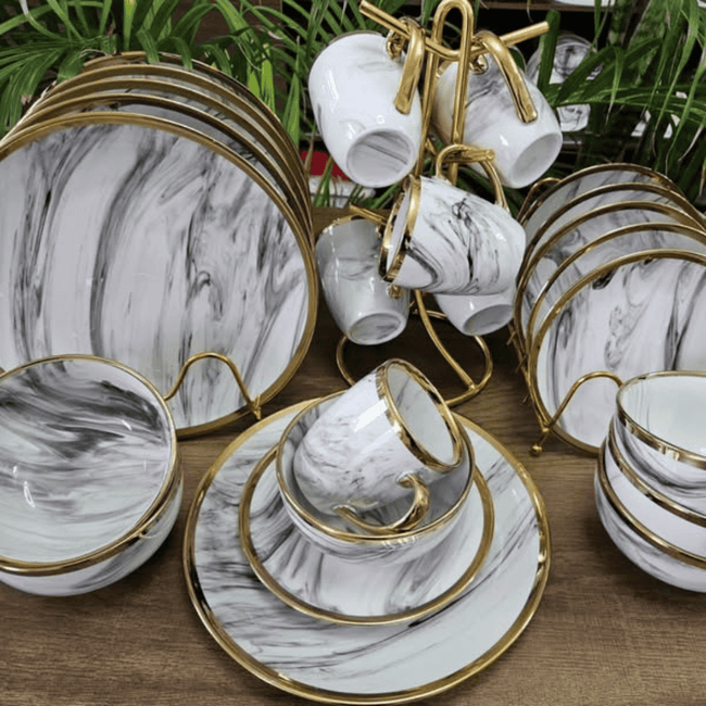 24 Pcs Marble Gold Line Dinner Set