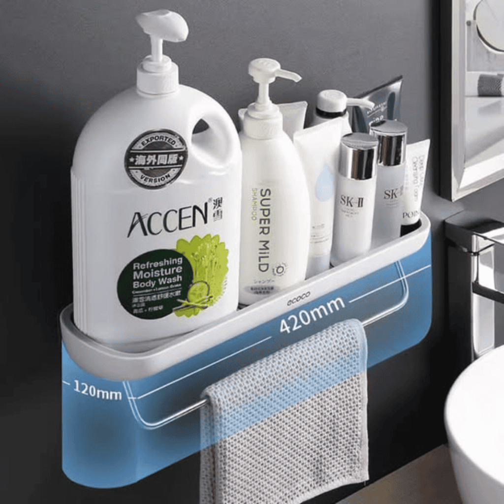 Wall Mounted Self Adhesive Shower Caddy Shelf with Towel Rail