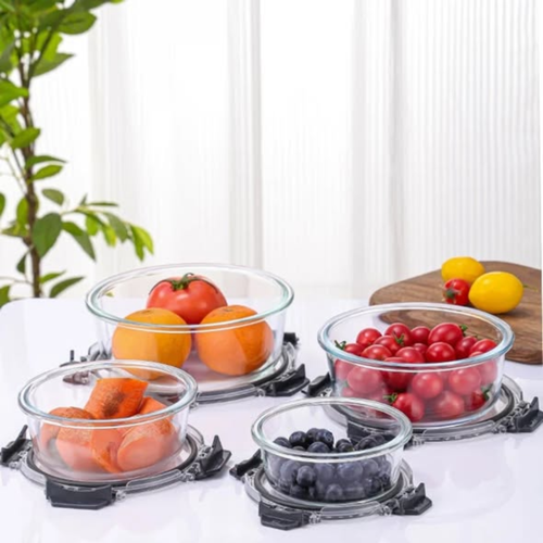 4Pcs Round Glass Bowl Set with Airtight Lids