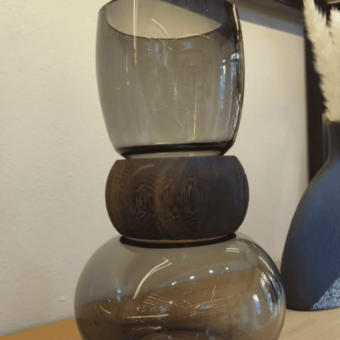 Dark Glass Vase with Wooden Ring