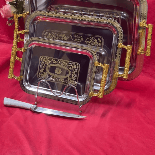 3 Pcs Stainless Steel and Gold Tray Set