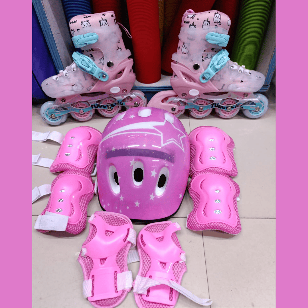 Full Set PU Wheeled Skates with Guards and Soft Helmet