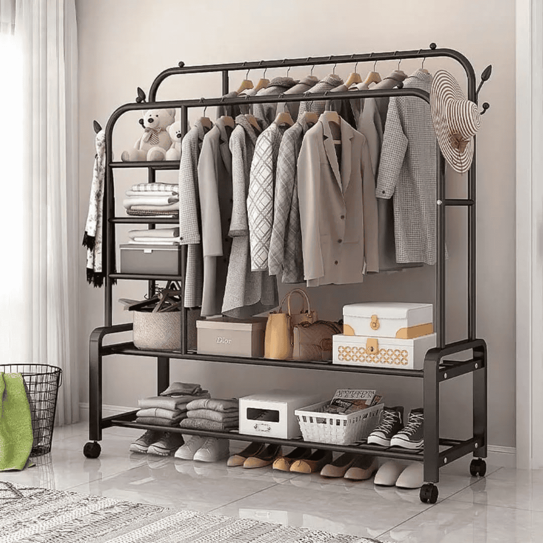 Double Layer Garment Rack Floor Standing Clothes Hanger