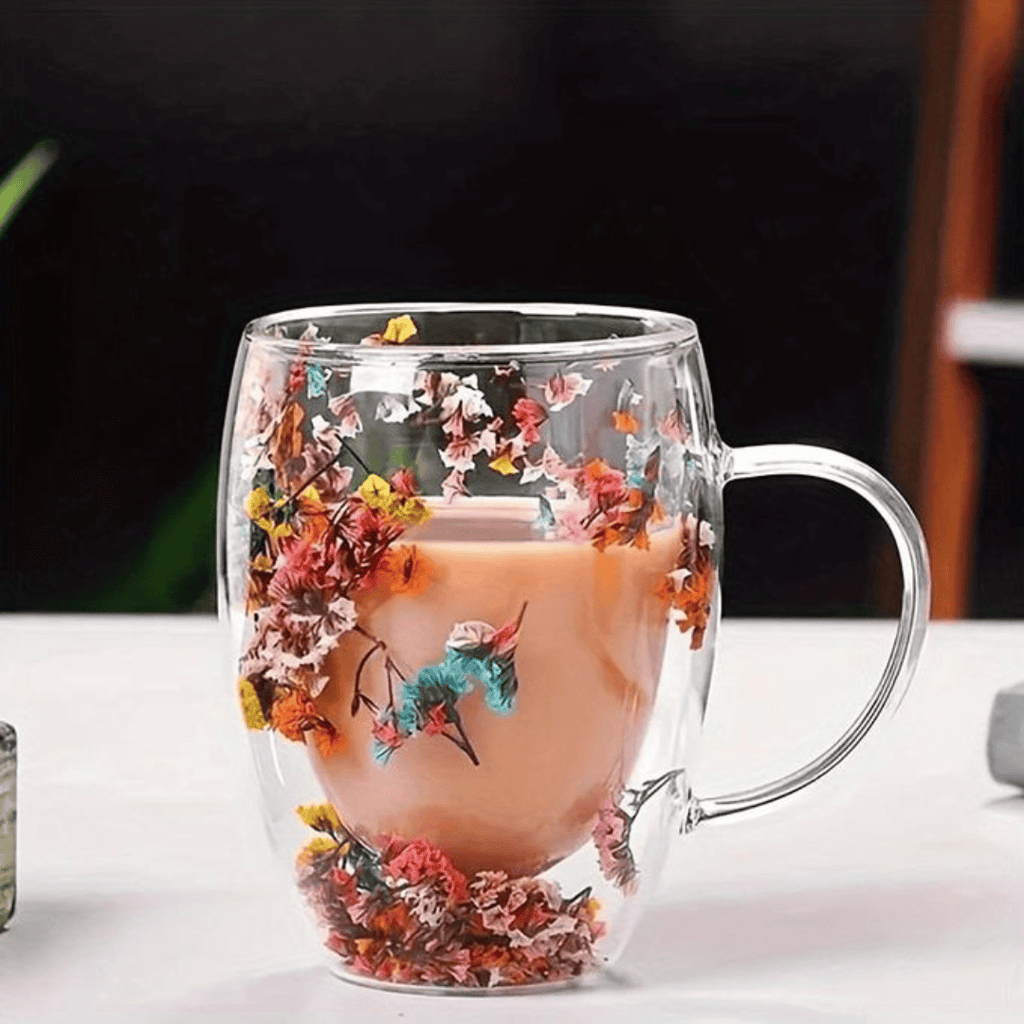 Insulated Double Wall Glass Cup with Dried Flower Design