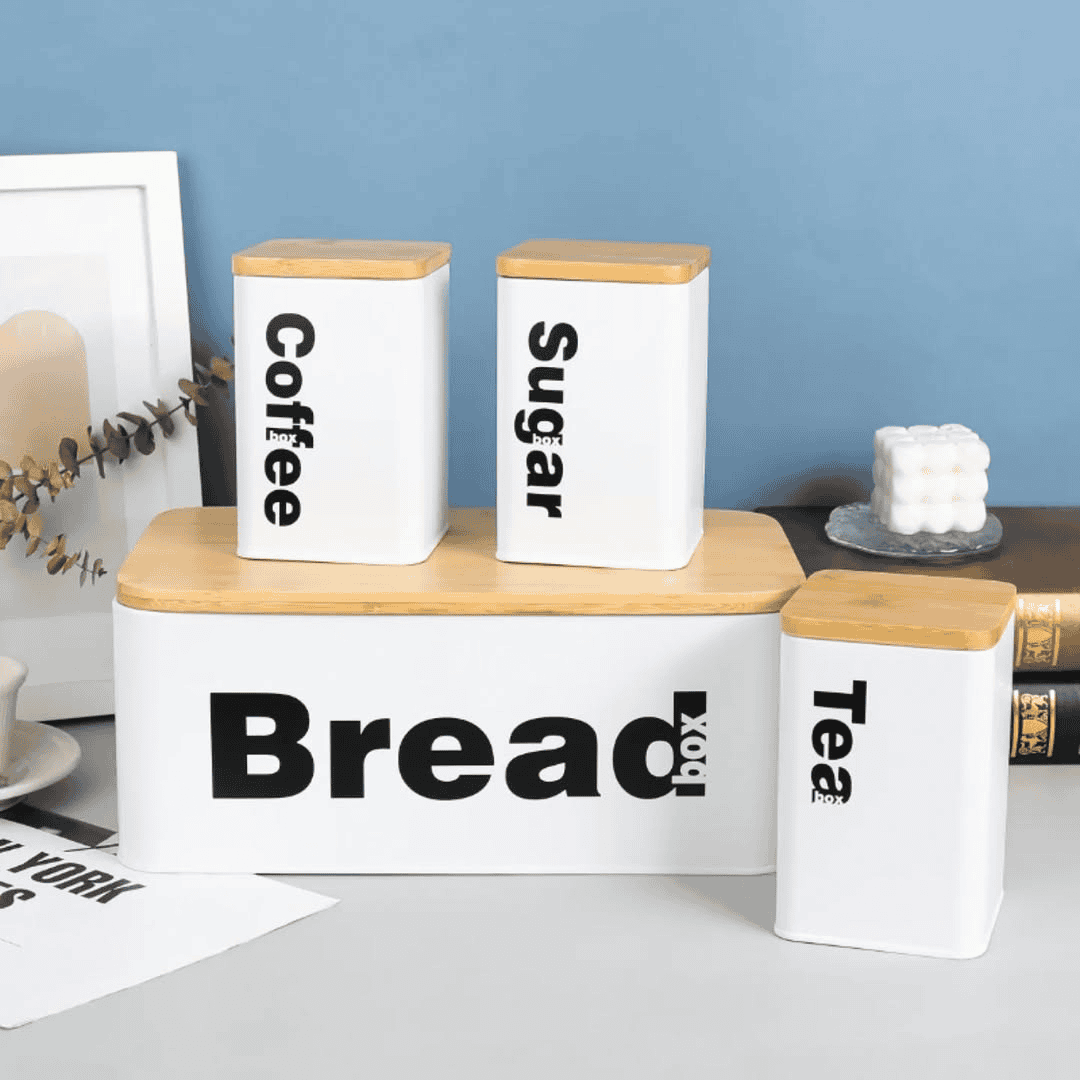 Bread Bin with Three Canister Set with Bamboo Lid