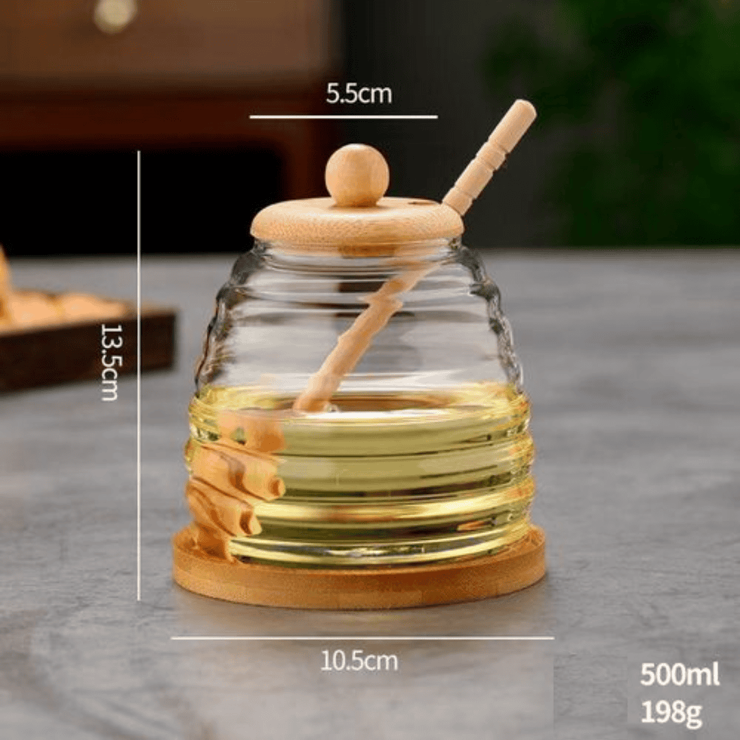 Transparent Honey Jar with Bamboo Dipper and Lid