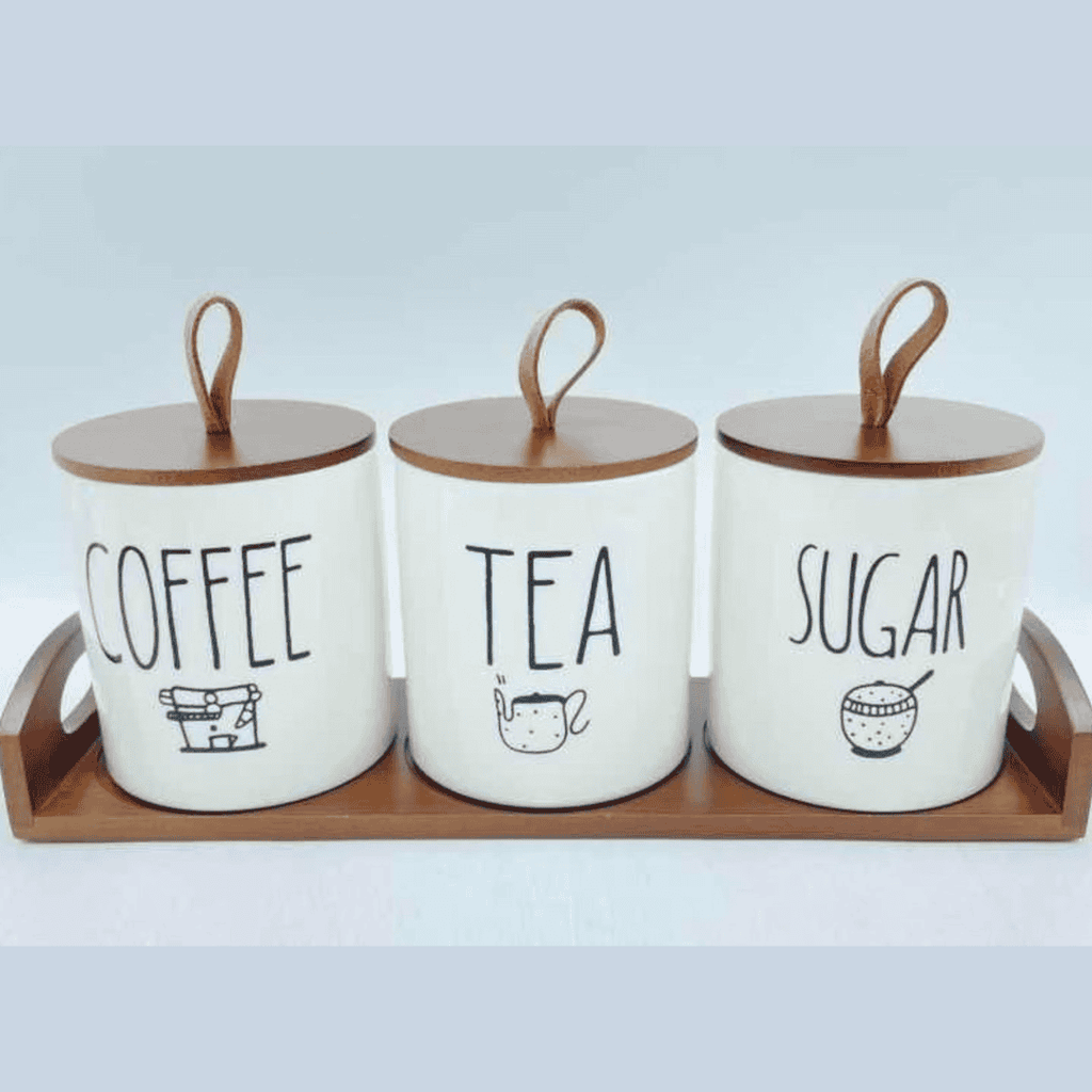 3pcs Set Ceramic Canisters with Bamboo Tray