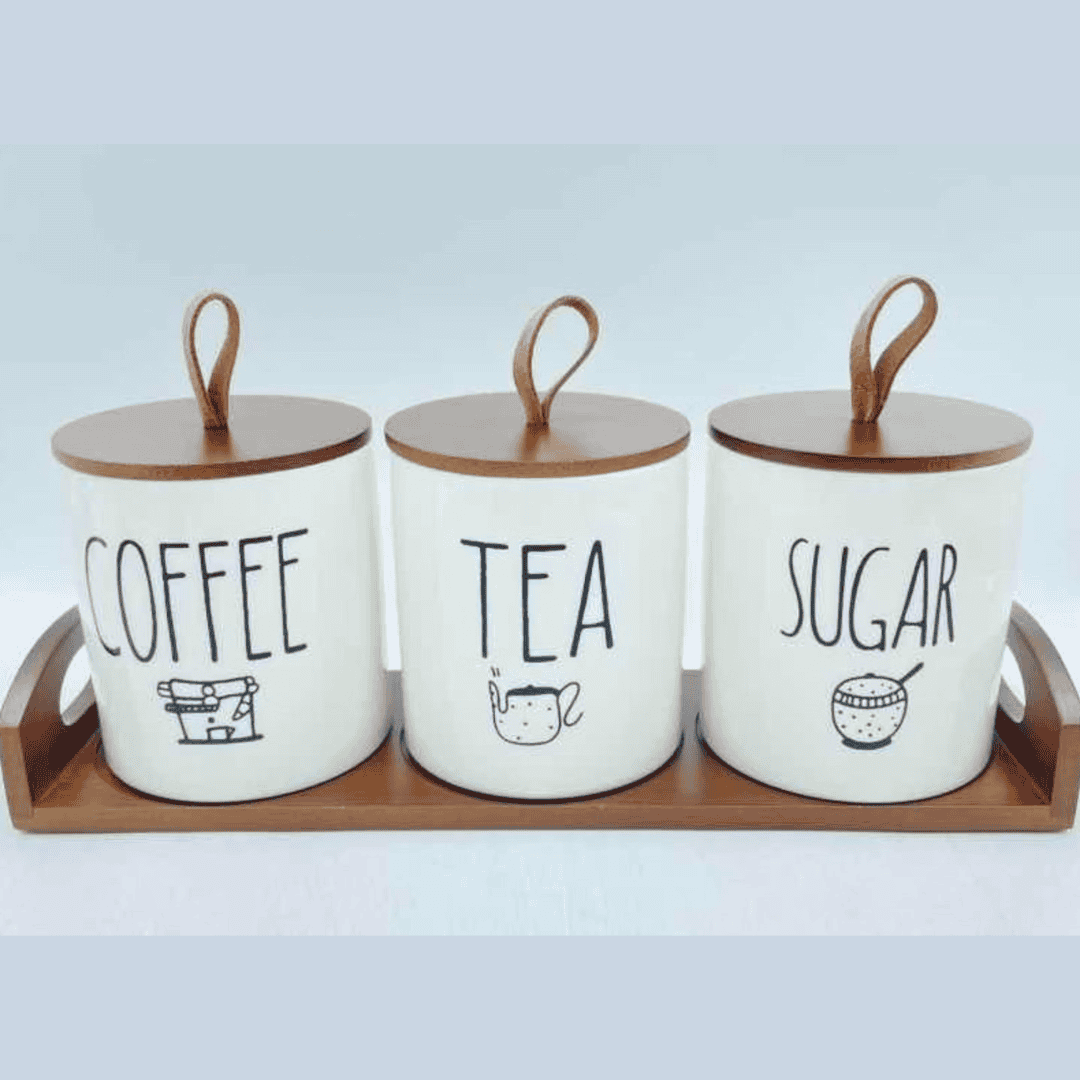 3pcs Set Ceramic Canisters with Bamboo Tray