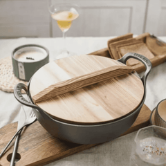 Pre-seasoned Cast Iron Flat Bottom Wok with Wooden Lid
