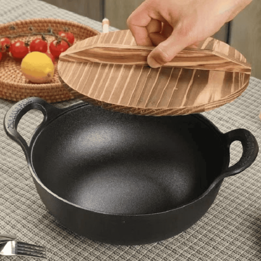 Pre-seasoned Cast Iron Flat Bottom Wok with Wooden Lid