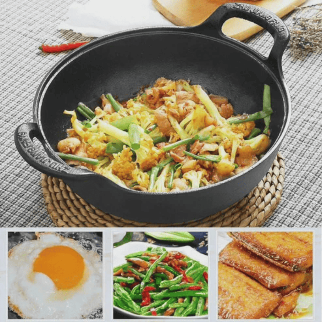 Pre-seasoned Cast Iron Flat Bottom Wok with Wooden Lid